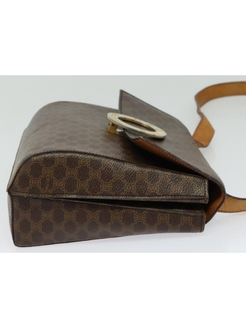 Authentic CELINE Macadam Canvas Circle Shoulder Bag PVC Leather Brown Gold - Picture 2 of 16